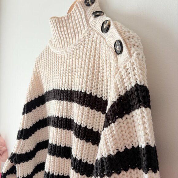 Zara Striped Knit Sweater Button Sleeve White Ecru Black Size Medium - Picture 5 of 8